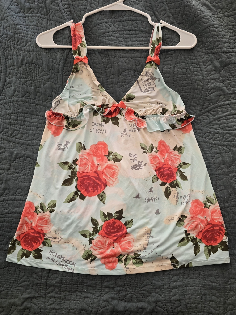 Betsey Johnson Lingerie Floral Ruffle Tank Top with Coral Rose Print